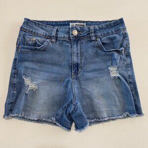 Ymi WannaBettaButt‎ High-Rise Shorts Size 11 Distressed Denim Blue Frayed Hem